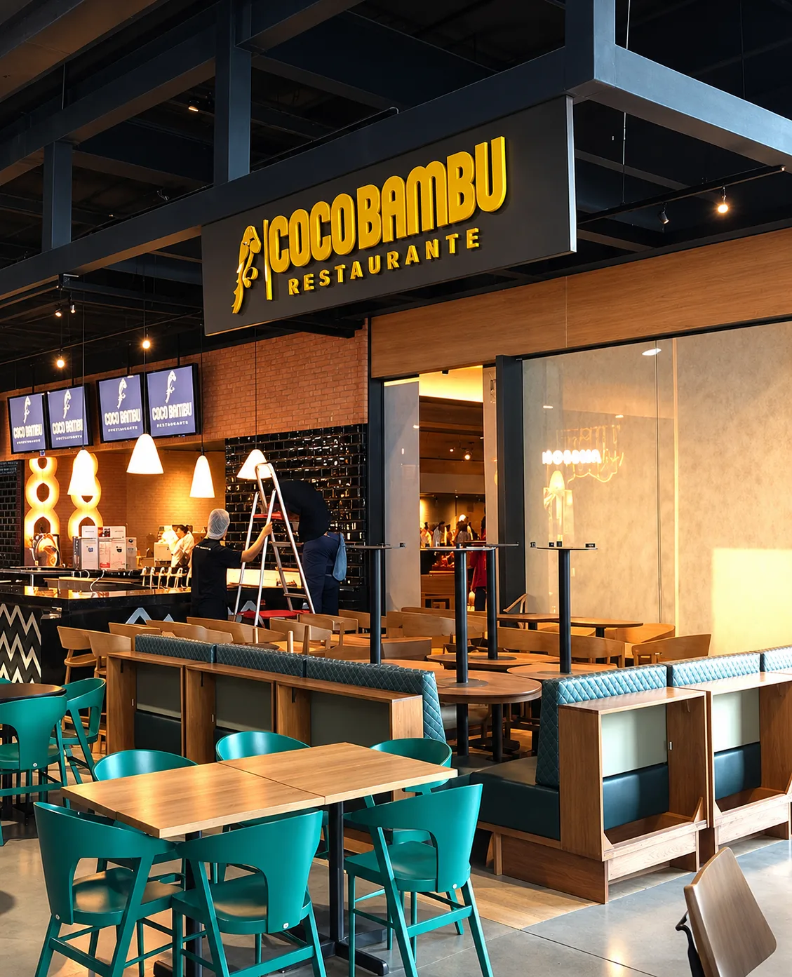 Ambiente do Coco Bambu Cuiabá, com mesas e iluminação acolhedora